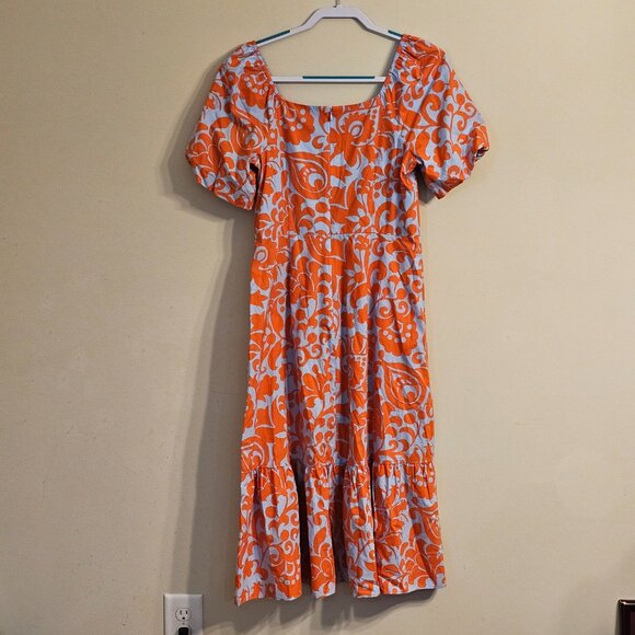 Women's Talbots Puff Sleeve Poplin Dress Jacobean Blue/Orange Size 6 - Picture 2 of 8